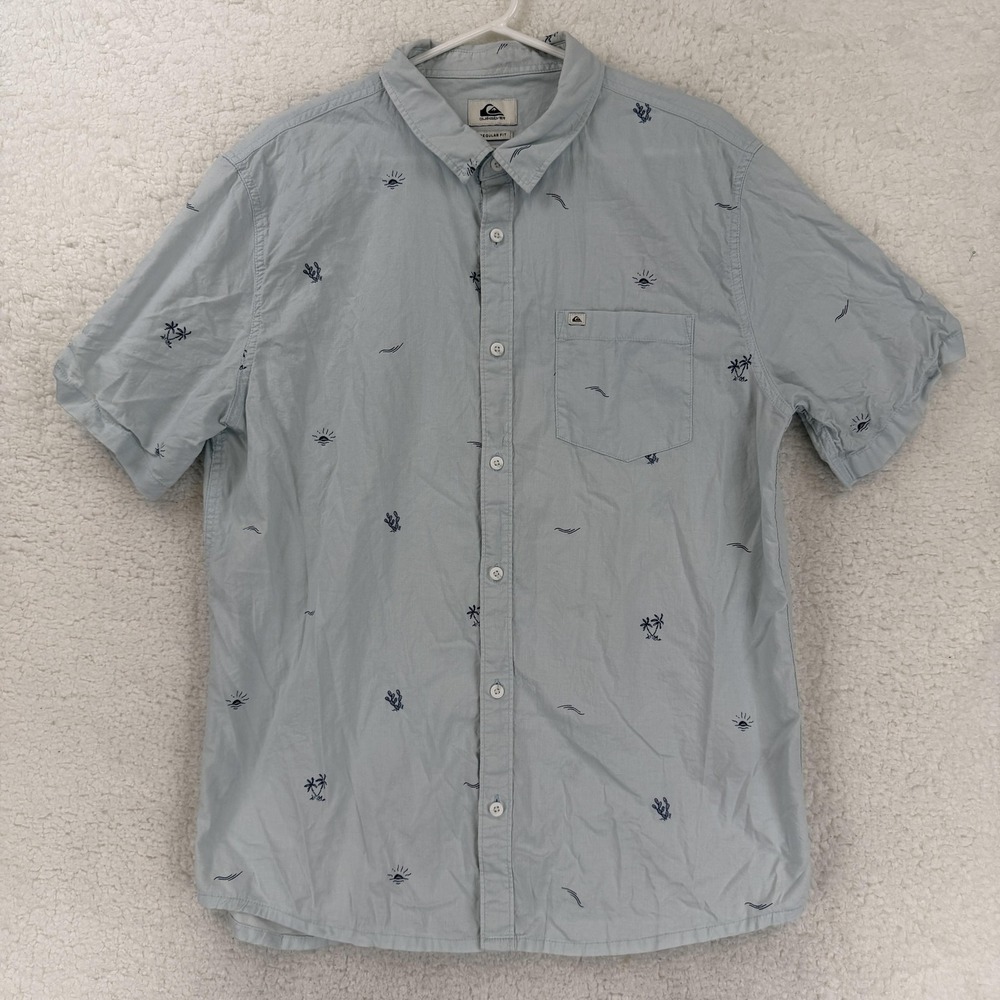 Quiksilver Shirt Mens Large Blue Palm Tree Embroidered Short Sleeve Button Front